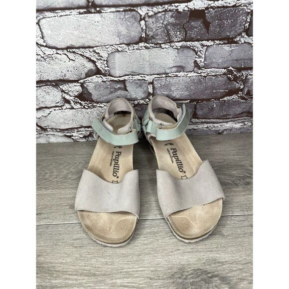 Birkenstock Papillio Grey Nubuck Suede Teal Patent Cork Wedge Sandals Women 38EU - Picture 13 of 16